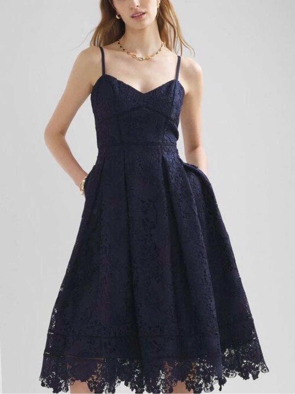 White House Black Market Navy Lace Fit & Flare Dress Size 2